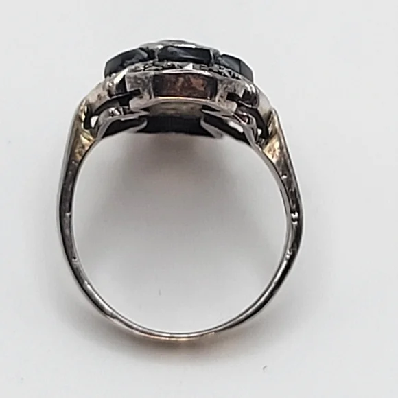 Sterling Silver Purple Glass Center Onyx Art Deco Style Ring Size 5 1/4 - Picture 3 of 13